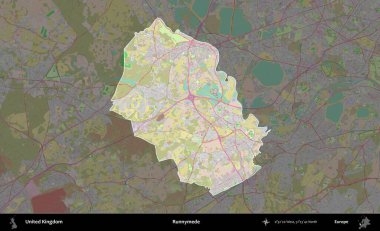 Runnymede. Birleşik Krallık 'ın idari alanı koyu renk bir OpenStreetMap Standart Haritası üzerine vurgulanmış ve özetlenmiştir