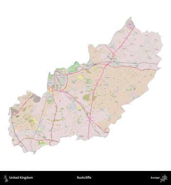 Rushcliffe. Birleşik Krallık 'ın idari alanı OpenStreetMap Standart biçim haritasında beyazda izole edildi