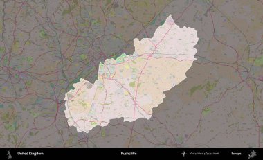 Rushcliffe. Birleşik Krallık 'ın idari alanı koyu renk bir OpenStreetMap Standart Haritası üzerine vurgulanmış ve özetlenmiştir