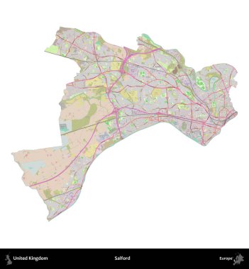 Salford. Birleşik Krallık 'ın idari alanı OpenStreetMap Standart biçim haritasında beyazda izole edildi