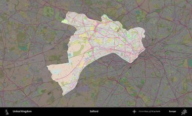 Salford. Birleşik Krallık 'ın idari alanı koyu renk bir OpenStreetMap Standart Haritası üzerine vurgulanmış ve özetlenmiştir