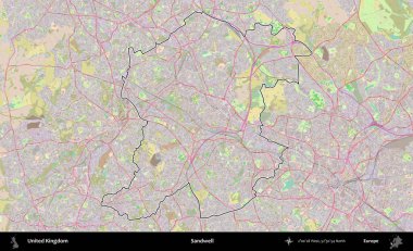 Sandwell. Birleşik Krallık 'ın bir OpenStreetMap Standart biçim haritasında özetlenmiş idari alanı