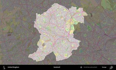 Sandwell. Birleşik Krallık 'ın idari alanı koyu renk bir OpenStreetMap Standart Haritası üzerine vurgulanmış ve özetlenmiştir