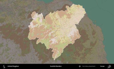 İskoç Sınırı. Birleşik Krallık 'ın idari alanı koyu renk bir OpenStreetMap Standart Haritası üzerine vurgulanmış ve özetlenmiştir