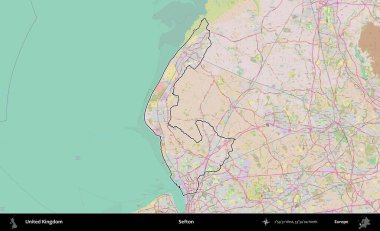 Sefton. Birleşik Krallık 'ın bir OpenStreetMap Standart biçim haritasında özetlenmiş idari alanı