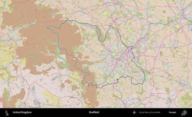 Sheffield. Birleşik Krallık 'ın bir OpenStreetMap Standart biçim haritasında özetlenmiş idari alanı