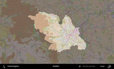 Sheffield. Birleşik Krallık 'ın idari alanı koyu renk bir OpenStreetMap Standart Haritası üzerine vurgulanmış ve özetlenmiştir