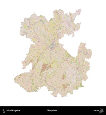Shropshire 'da. Birleşik Krallık 'ın idari alanı OpenStreetMap Standart biçim haritasında beyazda izole edildi