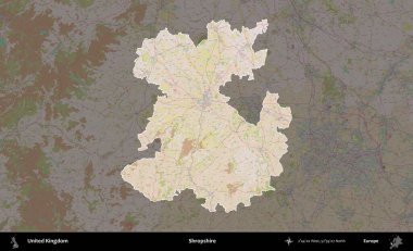 Shropshire 'da. Birleşik Krallık 'ın idari alanı koyu renk bir OpenStreetMap Standart Haritası üzerine vurgulanmış ve özetlenmiştir