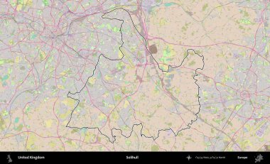 Solihull. Birleşik Krallık 'ın bir OpenStreetMap Standart biçim haritasında özetlenmiş idari alanı