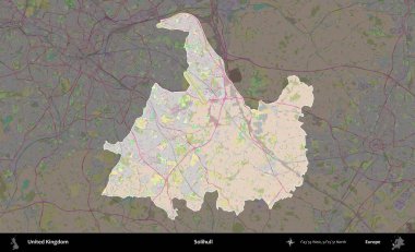 Solihull. Birleşik Krallık 'ın idari alanı koyu renk bir OpenStreetMap Standart Haritası üzerine vurgulanmış ve özetlenmiştir