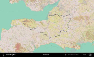 Somerset. Birleşik Krallık 'ın bir OpenStreetMap Standart biçim haritasında özetlenmiş idari alanı