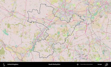 Güney Derbyshire. Birleşik Krallık 'ın bir OpenStreetMap Standart biçim haritasında özetlenmiş idari alanı