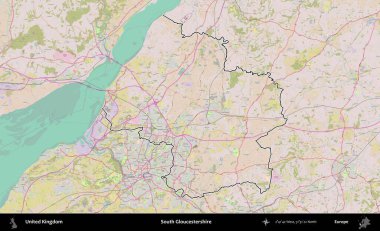 Güney Gloucestershire. Birleşik Krallık 'ın bir OpenStreetMap Standart biçim haritasında özetlenmiş idari alanı