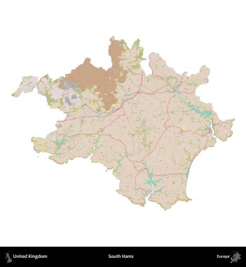South Hams 'da. Birleşik Krallık 'ın idari alanı OpenStreetMap Standart biçim haritasında beyazda izole edildi