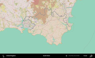 South Hams 'da. Birleşik Krallık 'ın bir OpenStreetMap Standart biçim haritasında özetlenmiş idari alanı