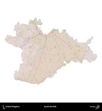Güney Norfolk. Birleşik Krallık 'ın idari alanı OpenStreetMap Standart biçim haritasında beyazda izole edildi