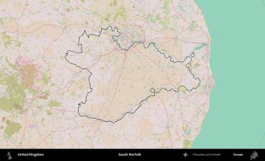 Güney Norfolk. Birleşik Krallık 'ın bir OpenStreetMap Standart biçim haritasında özetlenmiş idari alanı