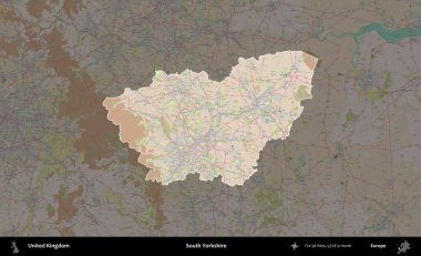 Güney Yorkshire. Birleşik Krallık 'ın idari alanı koyu renk bir OpenStreetMap Standart Haritası üzerine vurgulanmış ve özetlenmiştir
