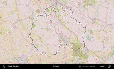 Stafford. Birleşik Krallık 'ın bir OpenStreetMap Standart biçim haritasında özetlenmiş idari alanı