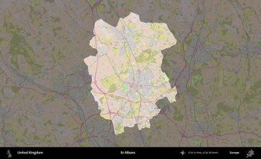 Aziz Albans. Birleşik Krallık 'ın idari alanı koyu renk bir OpenStreetMap Standart Haritası üzerine vurgulanmış ve özetlenmiştir