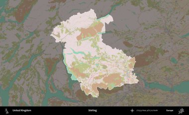 Stirling. Birleşik Krallık 'ın idari alanı koyu renk bir OpenStreetMap Standart Haritası üzerine vurgulanmış ve özetlenmiştir