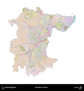 Stockton-on-Tees. Birleşik Krallık 'ın idari alanı OpenStreetMap Standart biçim haritasında beyazda izole edildi