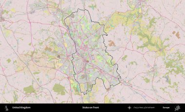 Stoke-on-Trent. Birleşik Krallık 'ın bir OpenStreetMap Standart biçim haritasında özetlenmiş idari alanı