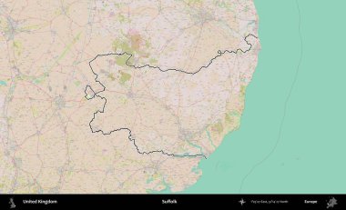 Suffolk. Birleşik Krallık 'ın bir OpenStreetMap Standart biçim haritasında özetlenmiş idari alanı