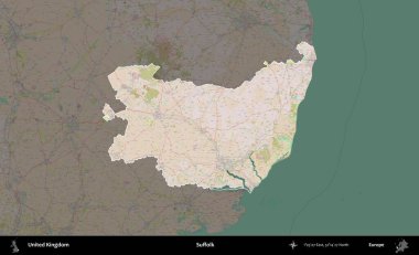 Suffolk. Birleşik Krallık 'ın idari alanı koyu renk bir OpenStreetMap Standart Haritası üzerine vurgulanmış ve özetlenmiştir