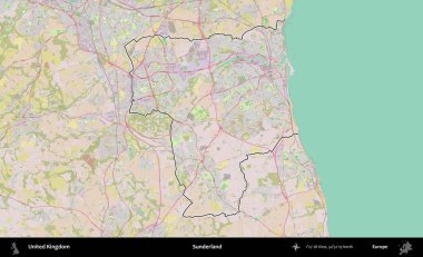 Sunderland 'de. Birleşik Krallık 'ın bir OpenStreetMap Standart biçim haritasında özetlenmiş idari alanı