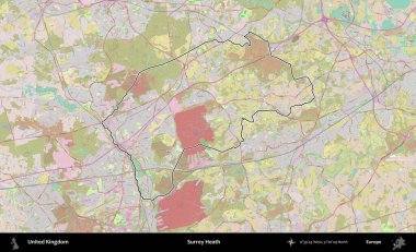 Surrey Heath. Birleşik Krallık 'ın bir OpenStreetMap Standart biçim haritasında özetlenmiş idari alanı