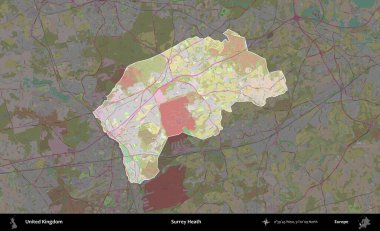 Surrey Heath. Birleşik Krallık 'ın idari alanı koyu renk bir OpenStreetMap Standart Haritası üzerine vurgulanmış ve özetlenmiştir