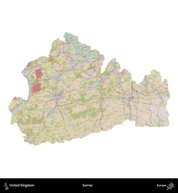 Surrey. Birleşik Krallık 'ın idari alanı OpenStreetMap Standart biçim haritasında beyazda izole edildi