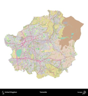 Tameside 'da. Birleşik Krallık 'ın idari alanı OpenStreetMap Standart biçim haritasında beyazda izole edildi