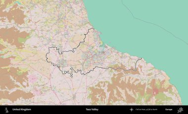 Tees Valley 'de. Birleşik Krallık 'ın bir OpenStreetMap Standart biçim haritasında özetlenmiş idari alanı