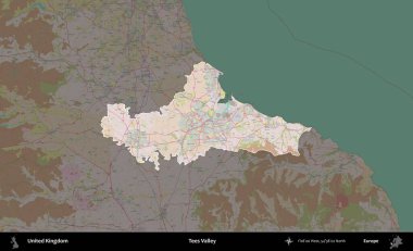 Tees Valley 'de. Birleşik Krallık 'ın idari alanı koyu renk bir OpenStreetMap Standart Haritası üzerine vurgulanmış ve özetlenmiştir