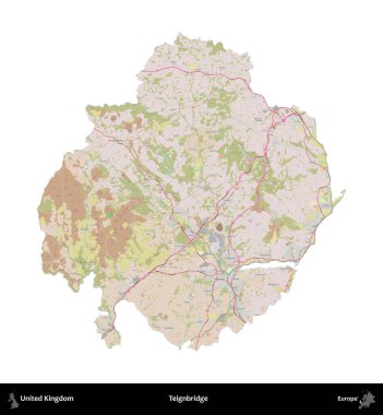 Teignbridge 'de. Birleşik Krallık 'ın idari alanı OpenStreetMap Standart biçim haritasında beyazda izole edildi