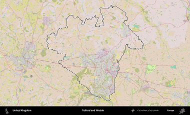 Telford ve Wrekin. Birleşik Krallık 'ın bir OpenStreetMap Standart biçim haritasında özetlenmiş idari alanı