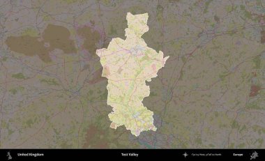 Test vadisi. Birleşik Krallık 'ın idari alanı koyu renk bir OpenStreetMap Standart Haritası üzerine vurgulanmış ve özetlenmiştir
