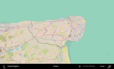 Thanet. Birleşik Krallık 'ın bir OpenStreetMap Standart biçim haritasında özetlenmiş idari alanı