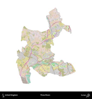 Üç Nehir. Birleşik Krallık 'ın idari alanı OpenStreetMap Standart biçim haritasında beyazda izole edildi