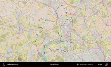 Üç Nehir. Birleşik Krallık 'ın bir OpenStreetMap Standart biçim haritasında özetlenmiş idari alanı