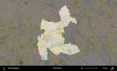 Üç Nehir. Birleşik Krallık 'ın idari alanı koyu renk bir OpenStreetMap Standart Haritası üzerine vurgulanmış ve özetlenmiştir