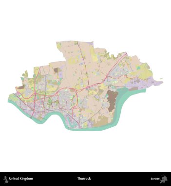 Thurrock. Birleşik Krallık 'ın idari alanı OpenStreetMap Standart biçim haritasında beyazda izole edildi