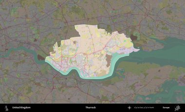 Thurrock. Birleşik Krallık 'ın idari alanı koyu renk bir OpenStreetMap Standart Haritası üzerine vurgulanmış ve özetlenmiştir