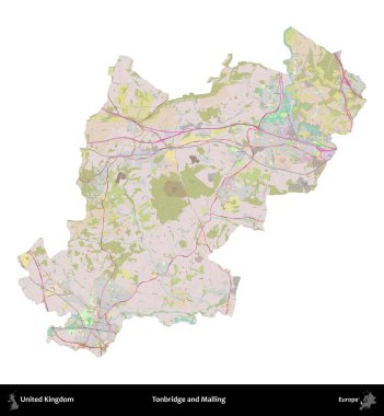 Tonbridge ve Malling. Birleşik Krallık 'ın idari alanı OpenStreetMap Standart biçim haritasında beyazda izole edildi