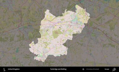 Tonbridge ve Malling. Birleşik Krallık 'ın idari alanı koyu renk bir OpenStreetMap Standart Haritası üzerine vurgulanmış ve özetlenmiştir