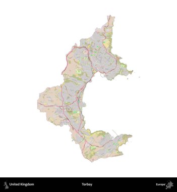 Torbay. Birleşik Krallık 'ın idari alanı OpenStreetMap Standart biçim haritasında beyazda izole edildi