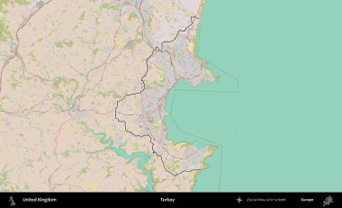 Torbay. Birleşik Krallık 'ın bir OpenStreetMap Standart biçim haritasında özetlenmiş idari alanı